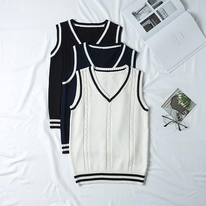 jinghuiyue Women’s V Neck Sweater Vest School Uniform Solid Color Sleeveless Knit Sweaters Pullover Tank Tops