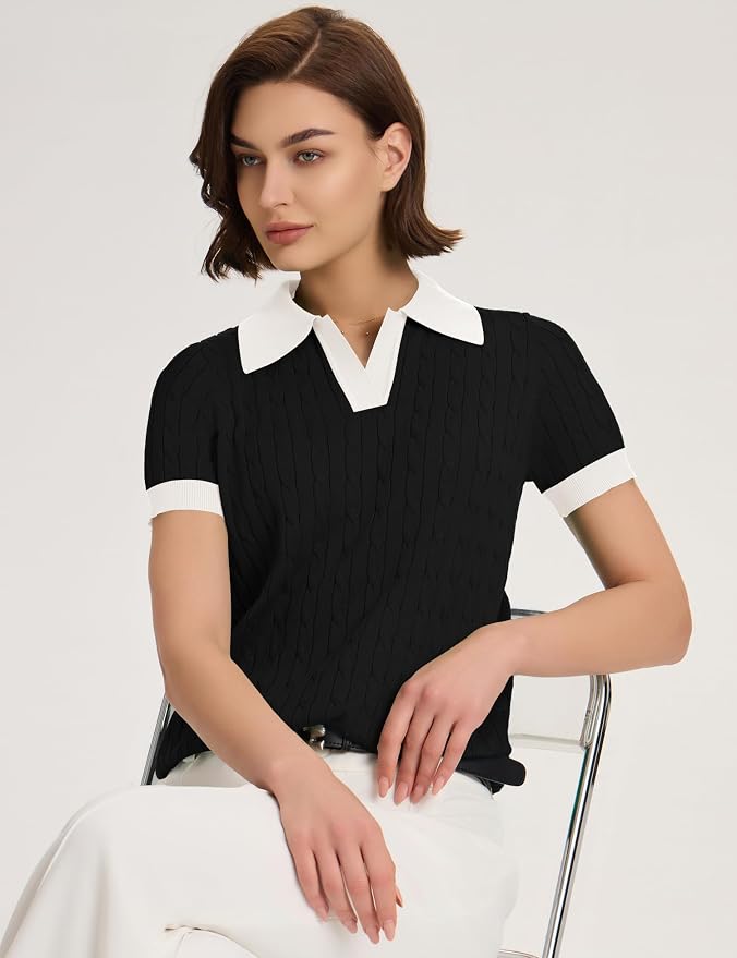 Micoson Womens Short Sleeve Sweater Tops Lapel V Neck Polo Shirts 2026 | Summer Cable Knit Loose Blouses, Business Casual Outfits