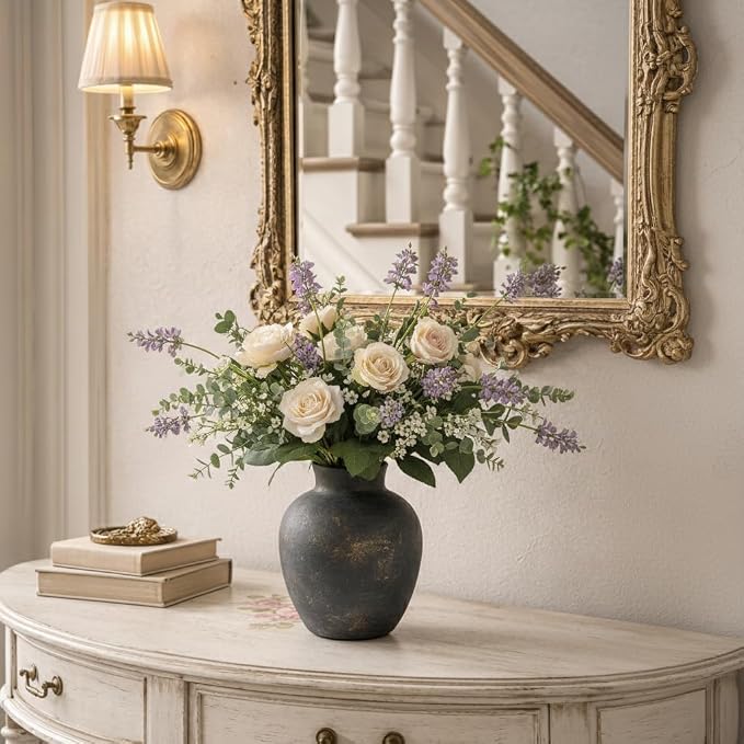 SIDUCAL Ceramic Decorative Flower Vase | 6 Inch Pottery Rustic Farmhouse | Boho | Terracotta Vase for Home Decor, Table, Living Room, Bathroom, Shelf, Mantel Decoration, Bronze