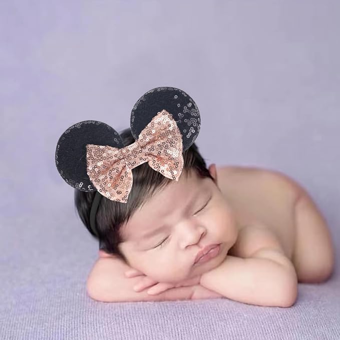 JIAHANG Mouse Ears Sequin Bow Nylon Hairband, Hair Bow Nylon Headband, Soft Elastic Headwear for Baby Girl Newborn Toddler, kids, Party Supplies