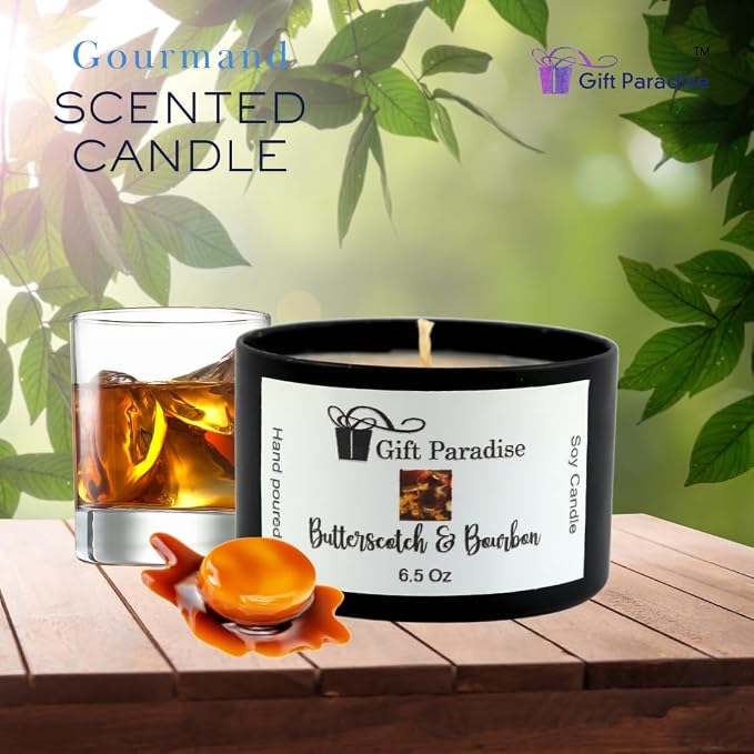Gift Paradiseยฎ Butterscotch & Bourbon Soy Wax Candle โ 6.5 oz Black Metal Tin with Cotton Wick | Sweet & Smoky Long-Lasting Home Fragrance | Hand-Poured, Non-Toxic Scented Candle