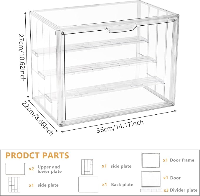 4 Tiers Clear Ddisplay Cases for Collectibles, Acrylic Storage Organizers Box with Magnetic Door, Desktop Clear Showcase with 3 Adjustable Divider Storage Box for Action Figure