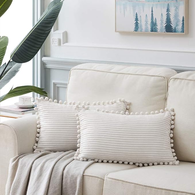 Fancy Homi 2 packs Cream White Boho Decorative Throw Pillow Covers with Pom-poms, Soft Corduroy Solid Square Cushion Cases Set for Living Room Couch Sofa Bedroom Car (12x24 Inch/30x60 cm, Cream White)