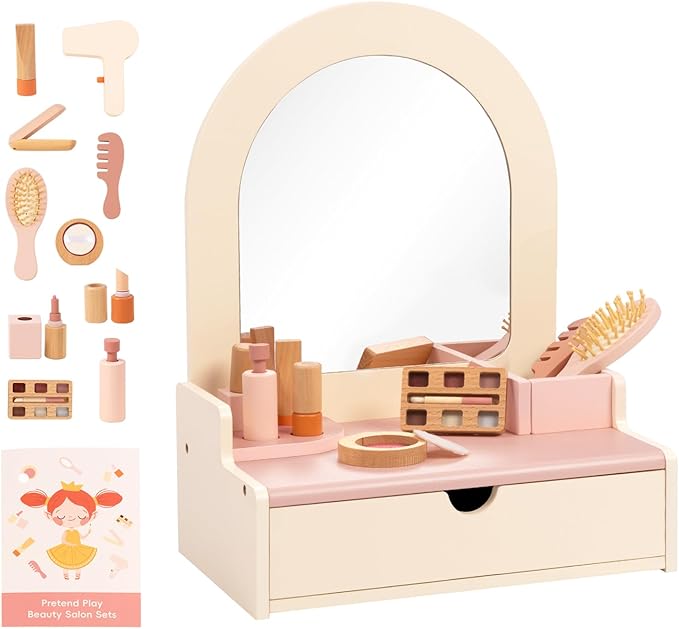 OOOK Wooden Vanity Makeup Table for Kids, Toddler Pretend Play Dressing Table with Mirror & Drawer, Vanity Toy with 10 Pcs Accessories, Gift for Little Girls Age 3+