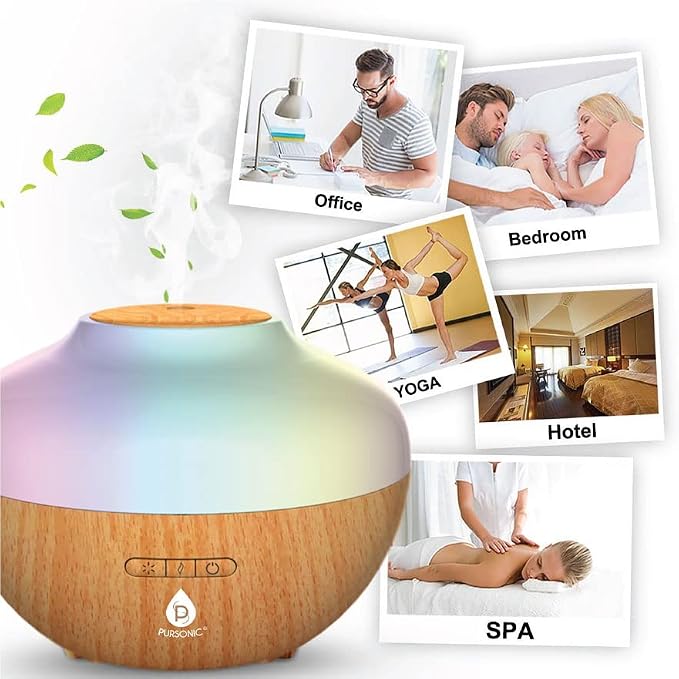 Pursonic Aromatherapy Diffuser & Essential Oil Set-Ultrasonic Diffuser & Top 14 Essential Oils-300ml Diffuser with 2 Mist Settings & 7 Ambient Light Settings-Therapeutic Grade Essential Oils