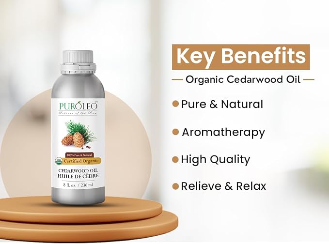 PUROLEO Organic Certified USDA Cedarwood Essential Oil 8 Fl Oz/236 ML (Packed in Canada) 100% Pure Natural Undiluted Oil for Aromatherapy, Massage, Diffuser, DIY Projects, Fragrance | Non-GMO Verified