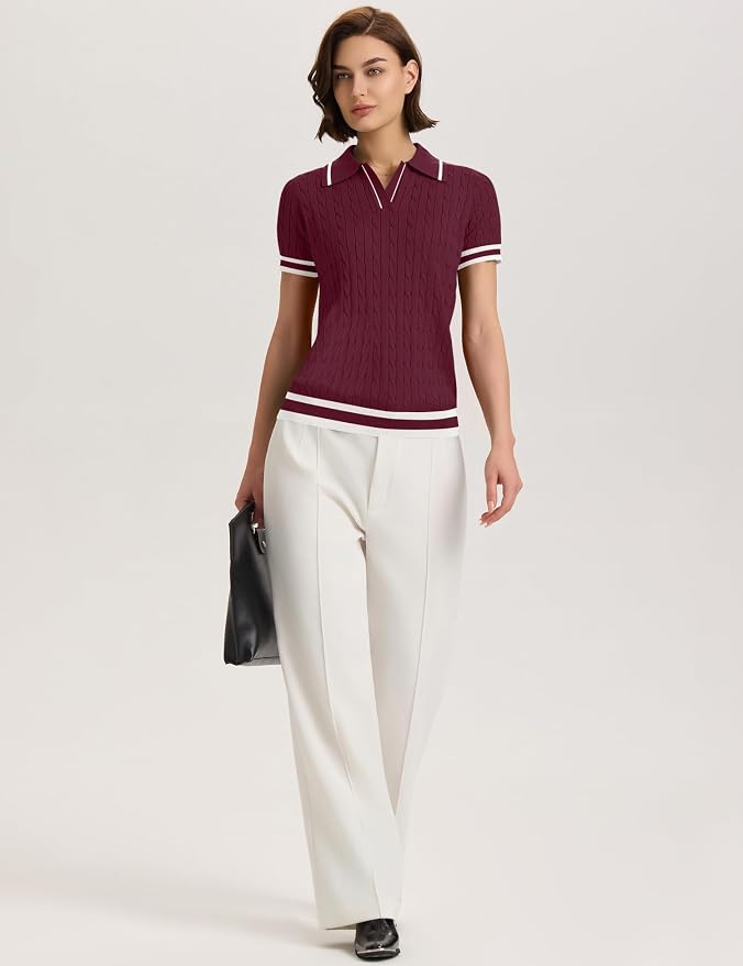 Micoson Womens Short Sleeve Sweater Tops Lapel V Neck Polo Shirts 2026 | Summer Cable Knit Loose Blouses, Business Casual Outfits
