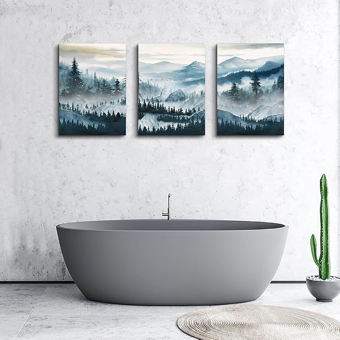 MHARTK66 Mountain Landscape Wall Art for Living Room, Large Foggy Forest Watercolor Artwork for Walls, 3 Piece Nature Mountain Forest Paintings Prints for Hallway Office Kitchen Wall Decor, 16x24 Inch