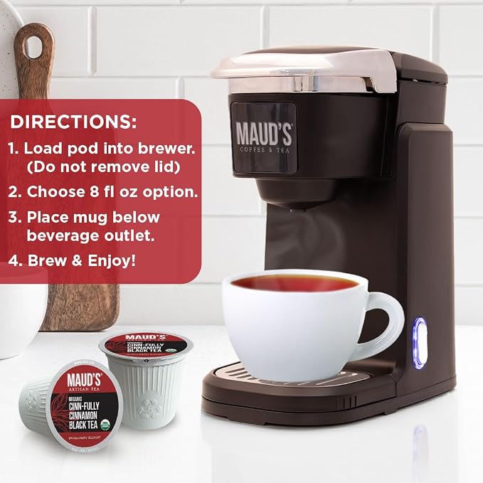 Maud's Organic Cinnamon Black Tea Pods, 44 ct, Single Serve Tea Pods – 100% Gourmet Blended Tea Leaves, Compatible with Keurig K Cups Maker
