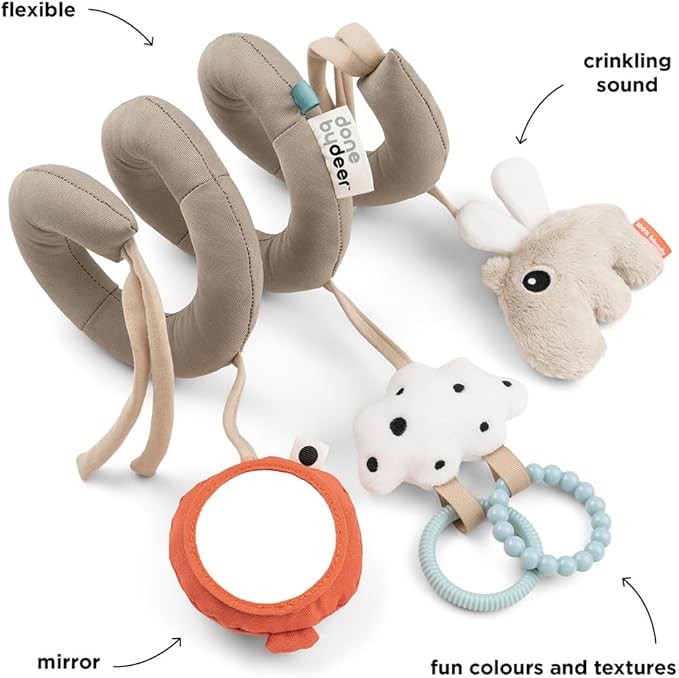 Done by Deer Baby Sensory Activity Spiral Happy Clouds, Sand - Soft Baby Toy with Crinkle Sound, Mirror, Teathers and Tactile Elements for Easy Mount on Cots, Car Seats, Strollers and Prams