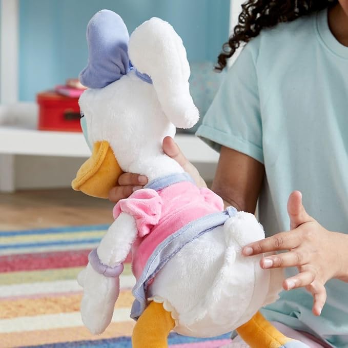 DISNEY STORE Official Daisy Duck Medium Soft Toy for Kids, Cuddly Character with Fuzzy Texture and Embroidered Details in Pink and Purple Dress, Disney Plushy Suitable for All Ages.