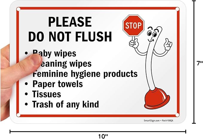 SmartSign 7" x 10" 'Please Do Not Flush Wipes/Feminine Hygiene Products/Paper Towels/Tissues/Trash' Bathroom Sign with Funny STOP Symbol, 55 mil HDPE Plastic, Red/Black/White, USA-Made