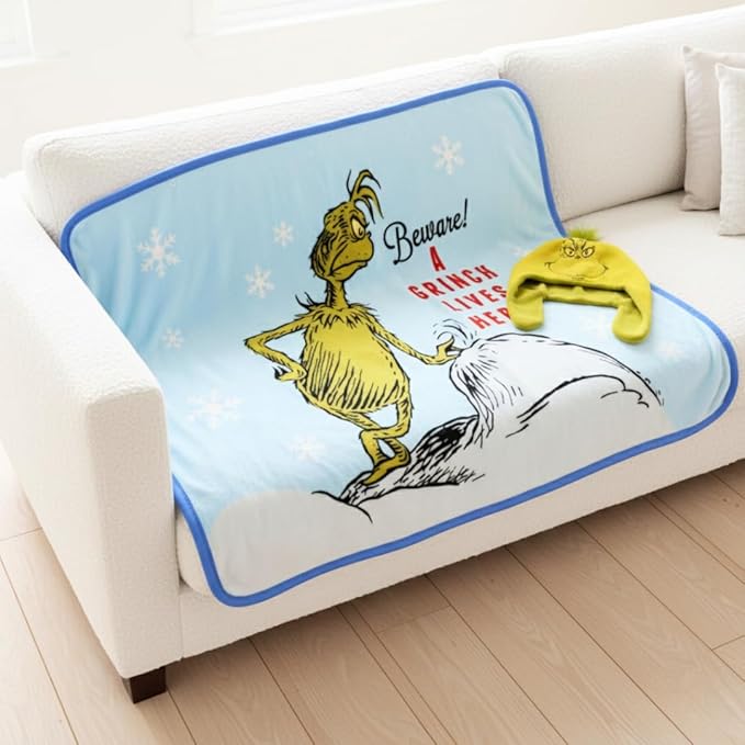 Dr. Seuss The Grinch Holiday Christmas Bedding Super Plush Cozy Throw, 40 in x 50 in, Bonus Grinch Hat Included (Officially Licensed Product) by Franco