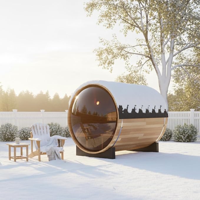 Outdoor Wooden Panoramic Barrel Sauna, 4-6 Person Sauna Room 220V, 6kw Toule Electric Heater, Accessories and Asphalt Shingle Roof, (Helmock, 70.86"x74.86"x74.86")