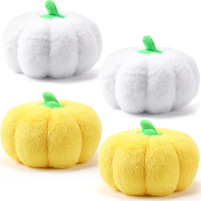 4 Pcs Pumpkin Pillows Fall Halloween Pumpkin Stuffed Animals Rabbit Hair Plush Toys Fluffy Thanksgiving Decor Throw Pillows Gifts for Kids for Home Bedroom Sofa Couch(White,Yellow)
