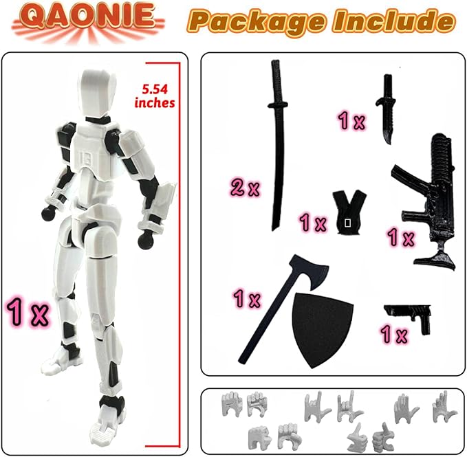 (Assembly Completed) 3D Printed Figure 5.54-inch Dummy13 with Weapon Expansion Set, Full Body Mechanical Movable Toy, Desk Decoration. (White)