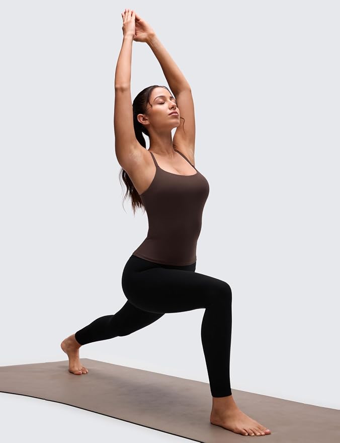 CRZ YOGA Softretch U Back Camisole Tank Tops for Women - Scoop Neck Padded Spaghetti Straps Soft Yoga Crop Top