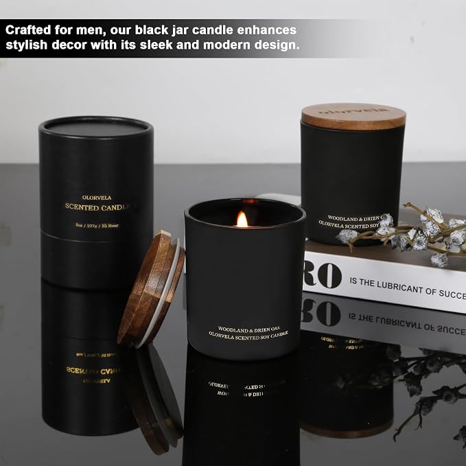 Scented Candles for Men, 8oz Candle for Home Scented, 50-Hour Burn Time Long-Lasting Aroma, Aromatherapy Home Decor Gifts for Men (Woodland & Dried Oak, Wood Wicked)