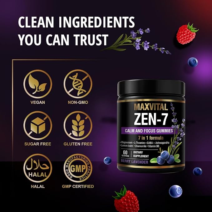 Zen-7 Calm & Focus Gummies for Adults - Sugar Free Daily Calm & Mental Clarity Support - L-Theanine, GABA, Ashwagandha, Magnesium, Lemon Balm & B6 - Berry Lavender - 60 Vegan Gummies