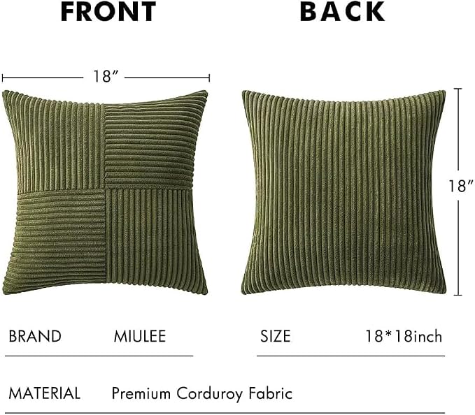 MIULEE Olive Green Decorative Throw Pillow Covers for Couch 18x18 Inch | 2 Pack, Boho Farmhouse Pillow Covers, Soft Cross Corduroy Patchwork Textured Cushion Cases For Bed Sofa