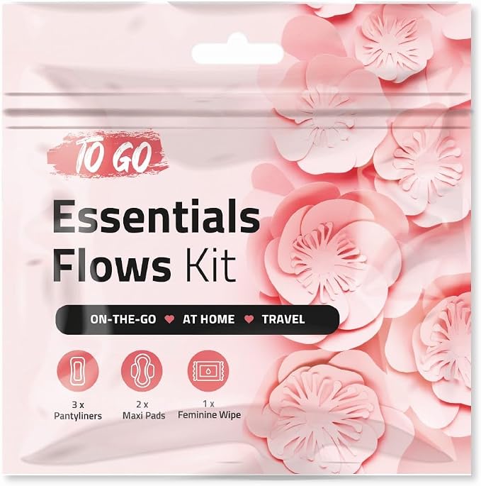 Essential Flows Period Kit (10 Pack) - 3 Pantyliners, 2 Maxi Pads & Feminine Wipe | Hygiene Essentials for School, First Period (Red)