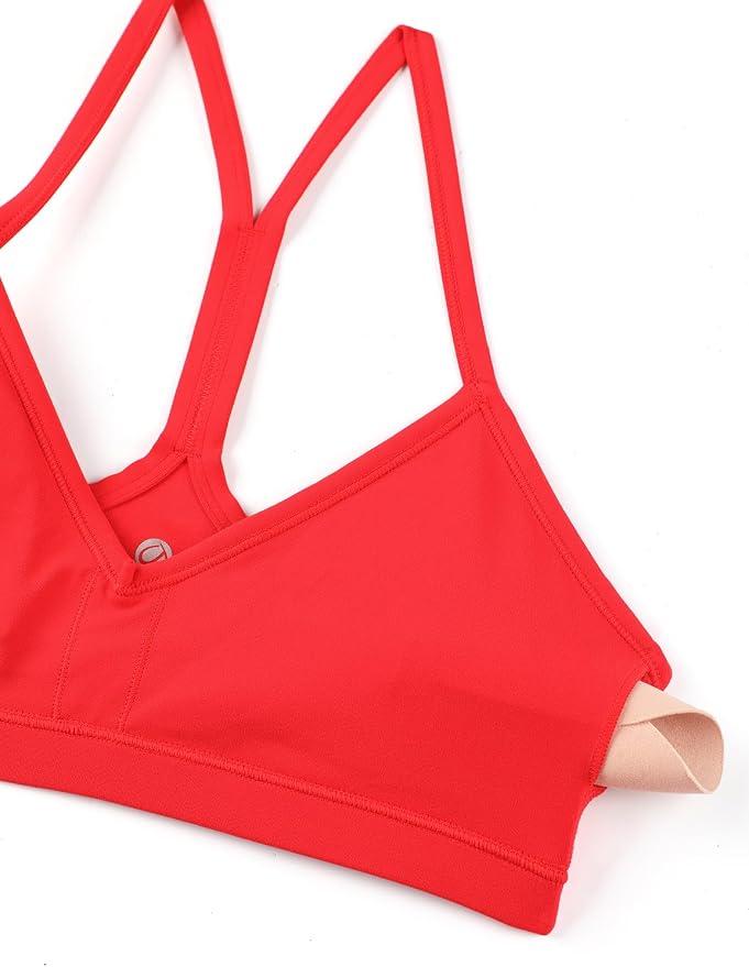 CRZ YOGA Butterluxe Ruched Sports Bras for Women - V Neck Spaghetti Thin Strap Y Back Wireless Padded Yoga Crop Top