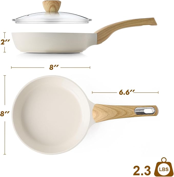 SENSARTE 8inch Ceramic Nonstick Frying Pan Skillet with Lid, White | Non Stick Omelet Pans, Non-toxic Healthy Kitchen Cooking Chefs Pan, PFOA/PFAS/PTFE Free, Induction Compatible
