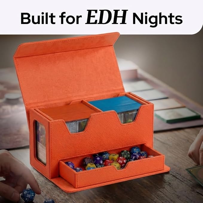 Card Deck Box Fits 200+ Double Sleeved,Commander Deck Box for Magic the Gathering with Dice Tray & Toploader Display,2 Dividers