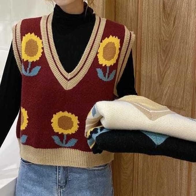 Women's Sweater Vest,Y2K Sleeveless Pattern Preppy Style Knitted Crop Tank Top for Girl