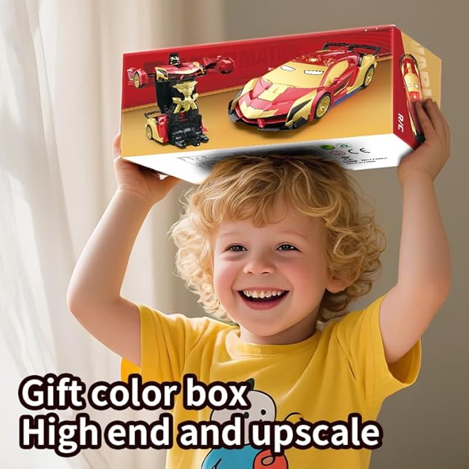 Transform RC Iron Man Cars Robot Toys with Underbody Lights, 2.4GHz Hero Remote Control Car One-Button Deformation, 360°Rotation Robot Car Toys Christmas Birthday Gifts for Kids Age 4 -12(1:18 Scale)