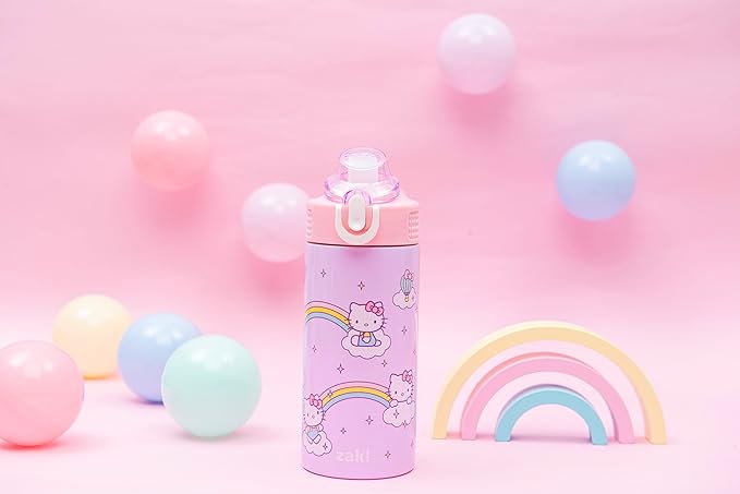 Zak Designs Sanrio Sage Kids Water Bottle For School or Travel, 14oz Stainless Steel Water Bottle With Straw, Handle, and Leak-Proof, Pop-Up Spout Cover (Hello Kitty)