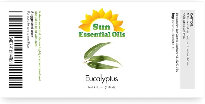 Sun Essentials Oils - 4 oz Eucalyptus Essential Oil with Dropper for Diffuser, Skin, Aromatherapy Massage, Humidifier, Scent for Candle, Lotion & Soap Making at Home, Fragrance for Room