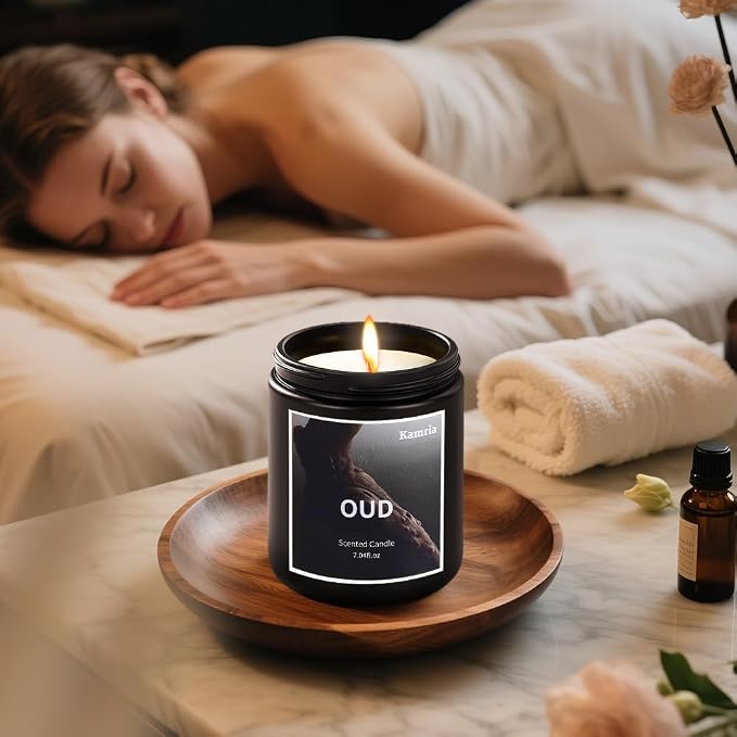 Oud Scented Candle for Men, Masculine Woodsy Aromatherapy Jar Candle, Natural Soy Wax Long Lasting Burn, Luxury Black Decor Gift for Him, 7oz