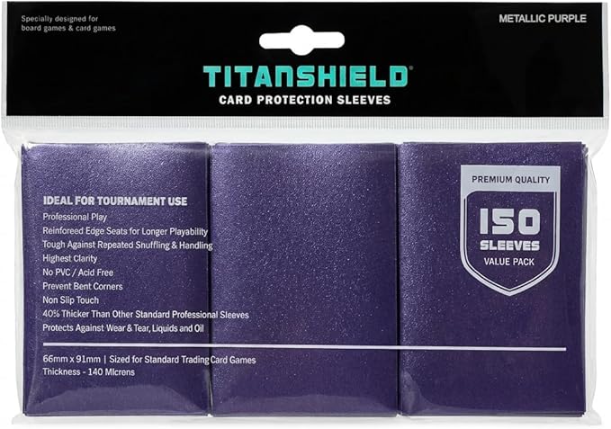 TitanShield Premium Card Sleeves | Compatible with Pokemon, One Piece, Lorcana, Flesh & Blood, & Magic The Gathering MTG | (150 Sleeves - Standard) (1, Metallic Purple, Standard)