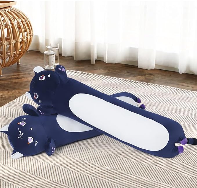 Long Cat Body Pillow for Kids, Cute Cat Stuffed Animals Gifts for Girls, Long Cat Plush Toy for Birthday, Soft Cat Plushies Pillow (DevilCAT with Skull, 43.3in/110cm)