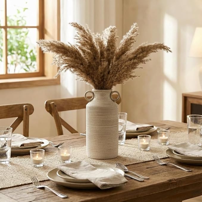 Vaseking Ceramic Rustic Vase with 2 Round Handles, Antique Farmhouse Flower Vase, Vintage Terracotta Vases for Home Decor, Wedding, Living Room, Table, Shelf Decor - 10.2 Inch Tall, Terra