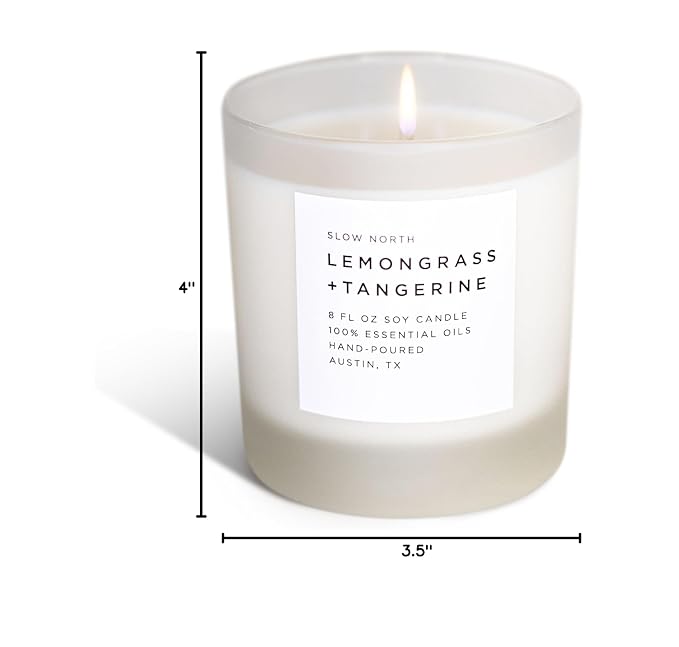 Slow North Lemongrass + Tangerine Candle - Essential Oils and Pure Soy Wax Candle in a Reusable Frosted Glass Jar - A Unique Scented Candle Hand-Poured in the USA (8 oz)