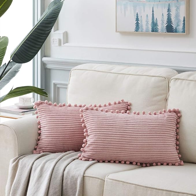 Fancy Homi 2 Pack Blush Pink Lumbar Decorative Throw Pillow Covers 12x24 Inch with Pom-poms for Couch Bedroom Sofa, Farmhouse Boho Home Decor, Soft Corduroy Solid Rectangle Cushion Case 30x60 cm