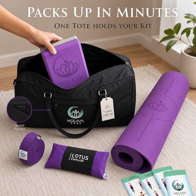 Nolava Yoga Mat with Bag – 72 x 24 inch, 1/4 inch Thick Non-Slip Mat – Includes Slap Band, Black Zippered Carry Tote with Mat Sleeve & Inner Pocket – For Yoga, Pilates, Home or Studio.