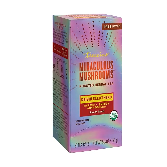 Teeccino Reishi Eleuthero Tea - French Roast - 25 TeaBags - Organic Mushroom Adaptogenic Herbal Tea, 3x More Herbs than Regular Tea Bags, Caffeine Free, Chicory Prebiotic