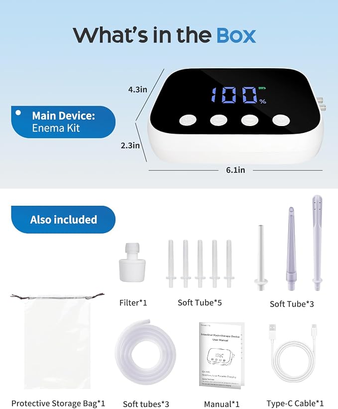 Electric Enemas for Colon Cleanse for Women Men, Coffee Enema Coffee Organic Kit, 100 Adjustable Water Pressure with Led Display, Portable with Type-C Charging & Storage Bag