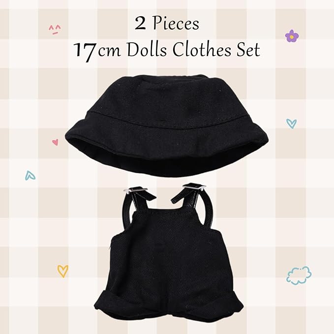 17cm Clothes for Dolls, Hat & Overalls Clothes Set Outfit for Dolls, Keychain Accessories for Doll, Suitable Gifts for Children (NO Doll) (2PC-Black)