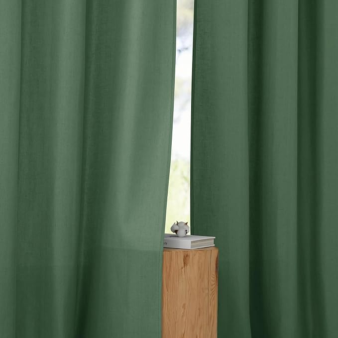 NICETOWN Olive Green Short Linen Curtains for Kitchen, Thick Flax Small Window Treatments Semi Sheer Privacy Assured with Light Through for Cafe/Bathroom, W42 x L48, 2 Panels