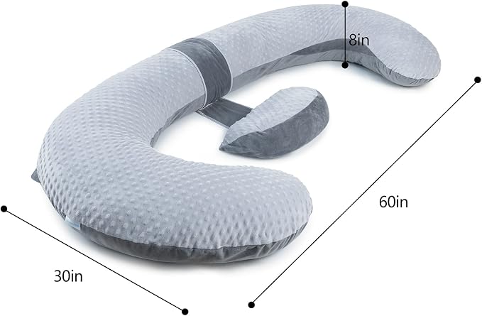 QUEEN ROSE Pregnancy Pillow E Shaped with Detachable Wedge, Adjustable Full Body Maternity Pillow for Sleeping, Dual-Sided Velvet Cover, 60 Inch Support for Side Sleepers, Grey