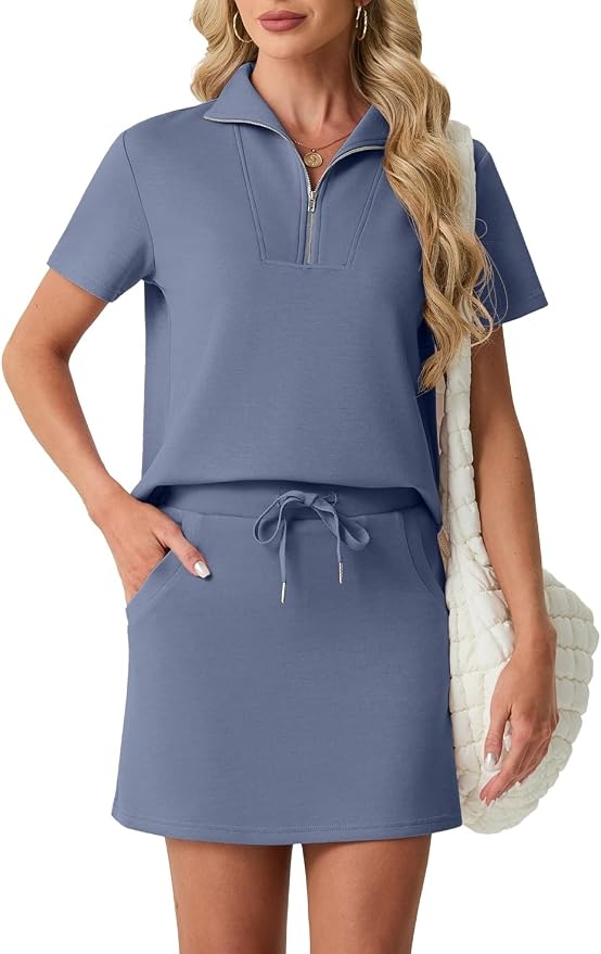 GRECERELLE Women's Summer 2 Piece Skort Set Half Zip Short Sleeve Top & Pocketed Tennis Skirt For Sports & Vacations.