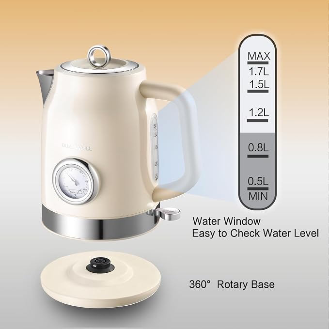 Retro Electric Kettle, 1.7L 304 Stainless Steel Tea Kettle with Temperature Gauge, 1500W Fast Boiling Water Boiler,Auto Shut-Off & Boil-Dry Protection, BPA-Free, Beige