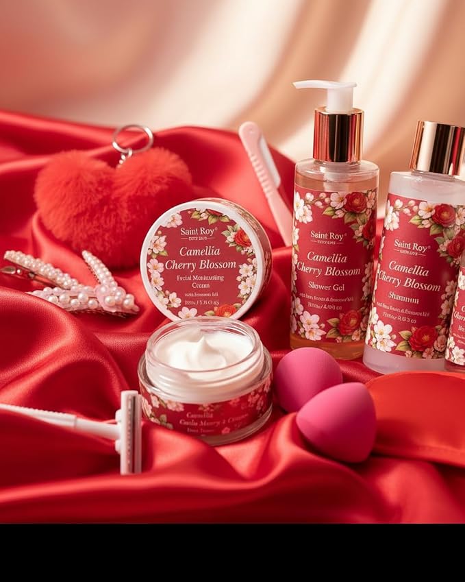 35Pc Birthday Gift for Women, Cherry Blossom Rose Bath and Body Basket Gift | Spa Gift Basket, Face Skin Care Kit, Home Spa Self Care, Lip Gloss, Birthday, Christmas, Mother, Bridal Shower, Anniversary