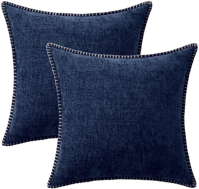 MIULEE Decorative Couch Throw Pillow Covers 18x18 Inch Navy 2 Pack | Farmhouse Pillow Covers with Stitched Edge, Soft Chenille Cushion Cases, for Sofa Bed Living Room Home Decor