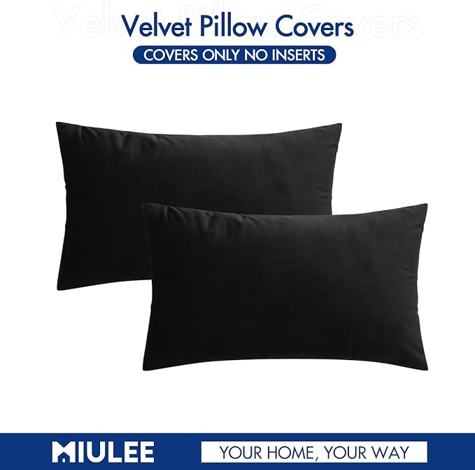 MIULEE 12x20 Inch Lumbar Velvet Throw Pillow Covers Black | Pack of 2 Soft Solid Decorative Pillow Covers, Modern Luxury Home Decor, for Chair Couch Sofa Bedroom Livingroom