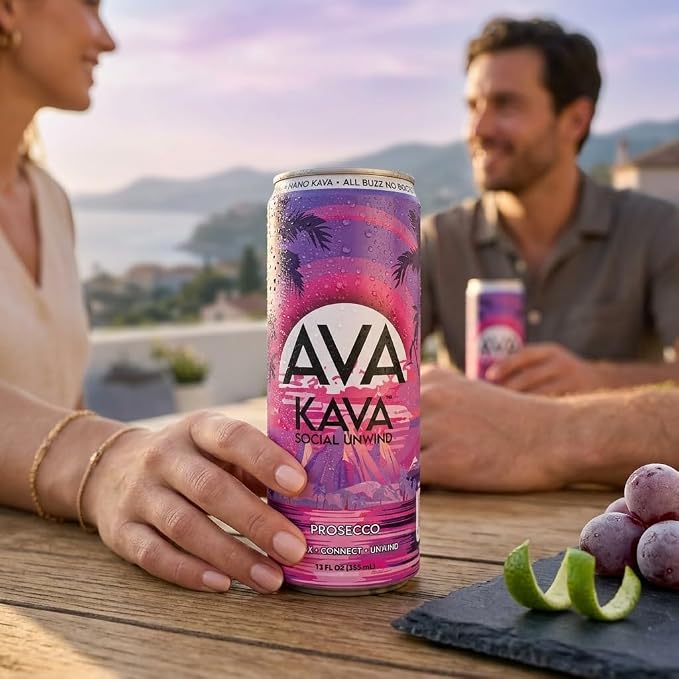 AVA Kava | Alcohol-Free Relaxation Drink | Prosecco | Fast Acting Nano Kava • Zero Sugar Alcohols • Vegan • Plant Based • No Preservatives • Natural Flavors • Non GMO • Gluten Free | 12oz Cans (12-Pack)